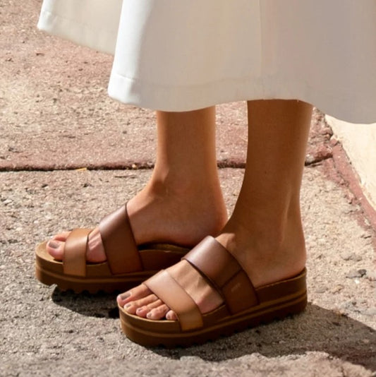 Reef Cushion Vista Hi Duo Sandals in espresso duo colourway on model's feet