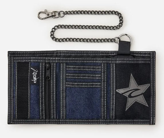 Rip Curl Archive Denim Surf Velcro Chain Wallet in dark denim showing the inside and attached chain