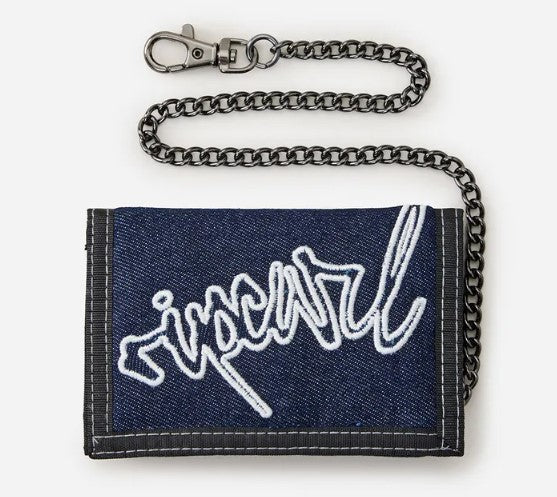 Rip Curl Archive Denim Surf Velcro Chain Wallet in dark denim from front showing chain
