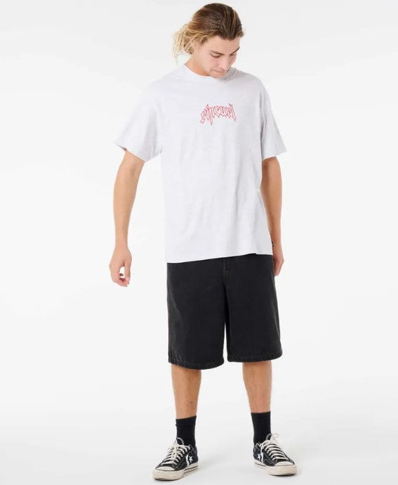 Rip Curl Archive Goth 23" Denim Shorts in black on a model in a white t-shirt