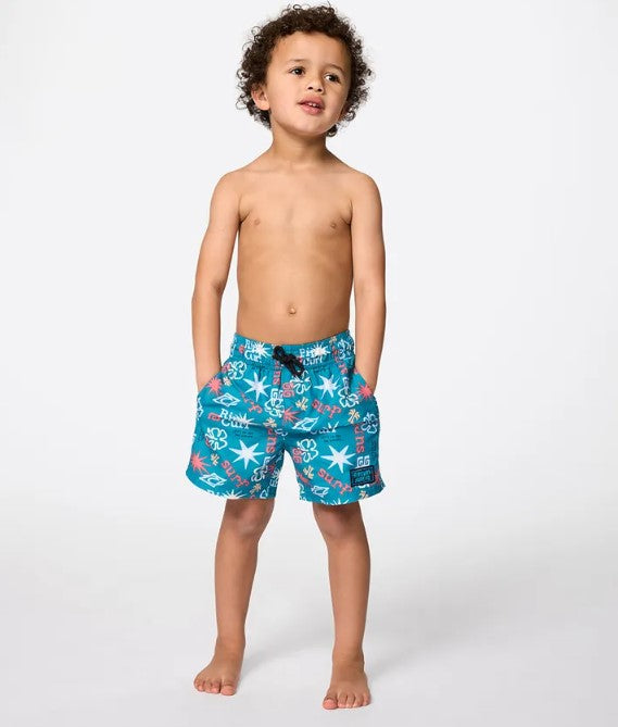 Rip Curl Boys Wave Dayz Volley Shorts in storm blue printed material from front on child model