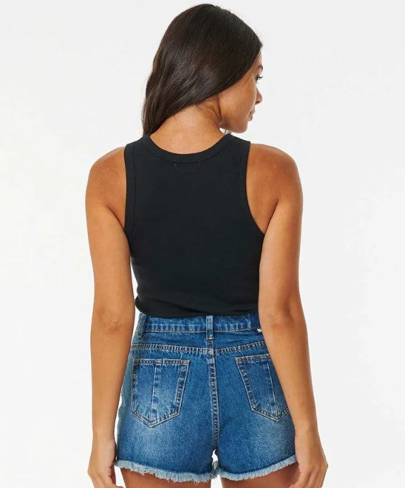 Rip Curl Classic Ribbed Tank in black on dark-haired model in denim shorts from rear