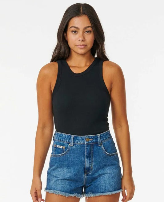 Rip Curl Classic Ribbed Tank  in black on dark-haired model in denim shorts