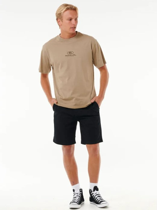 Rip Curl Classic Surf Chino Walkshorts in black on model wearing khaki tee