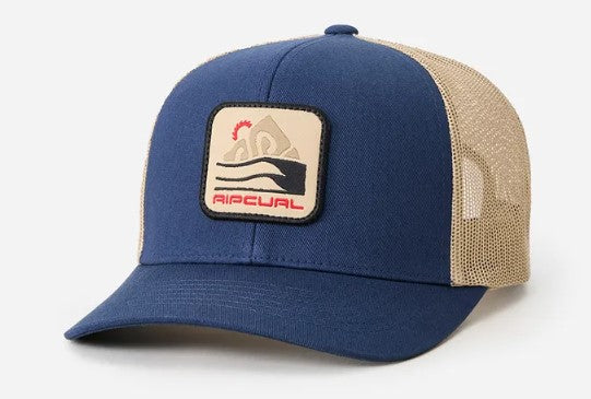 Rip Curl Custom Curve Trucker Cap in blue with beige coloured mesh and embroidered patch on front