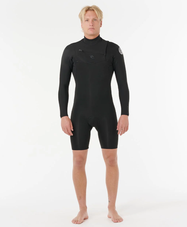 Rip Curl Dawn Patrol 2mm Chest Zip Long Sleeve Wetsuit in black on Korbin Hutchings from front