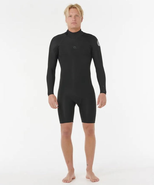 Rip Curl Dawn Patrol Back Zip 2mm Long Sleeve Wetsuit in black on Korbin Huthcings from front