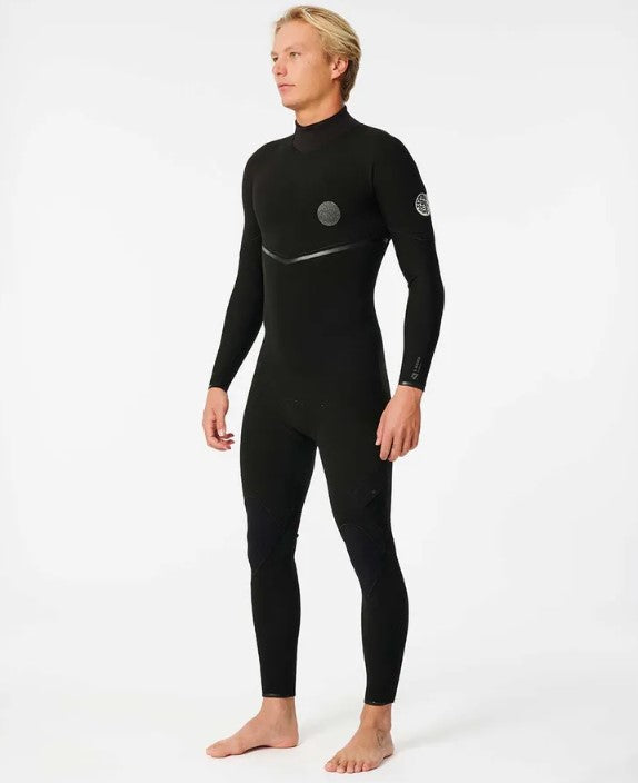 Rip Curl E Bomb 3/2mm GBS Back Zip Wetsuit in black from front and side view on Korbin Hutchings