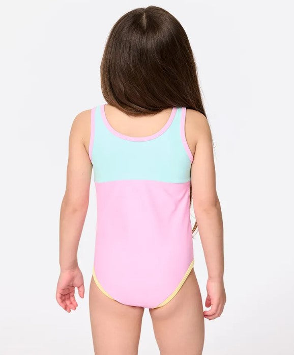 Rip Curl Island Days One Piece Swimsuit in pink, orange and blue with yellow trim on model from rear