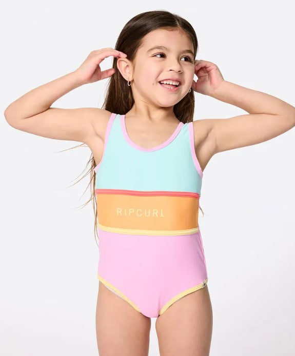 Rip Curl Island Days One Piece Swimsuit in pink, orange and blue with yellow trim on model from front