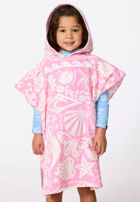 Rip Curl Mixed Snap Girls Hooded Towel in pink on a model from the front