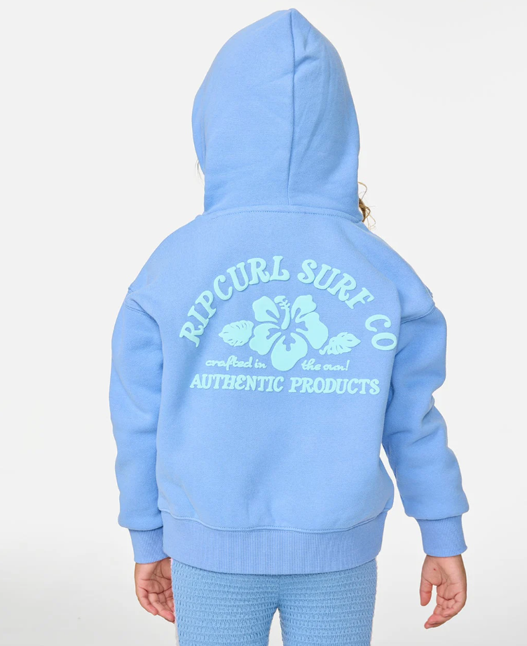 Rip Curl Girls Surf Puff Party Hoodie in cornflower blue on model from rear