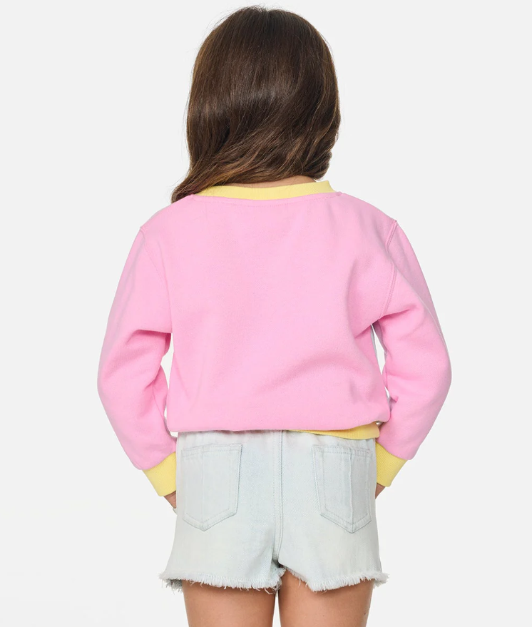 Rip Curl Toddler Girls Surf Wave Crew in pink, blue and yellow on model from rear