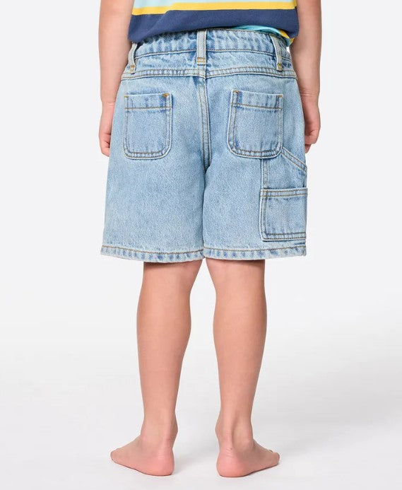 Rip Curl Groms Hyped Up Denim Shorts in washed blue on kid in striped t-shirt from rear