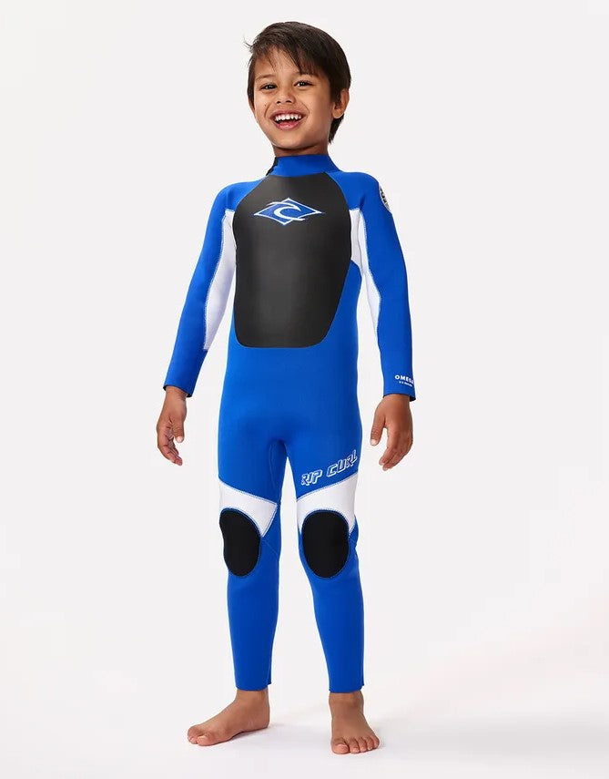 Rip Curl Groms Omega 3/2mm Flat locked toddlers Wetsuit in blue from front