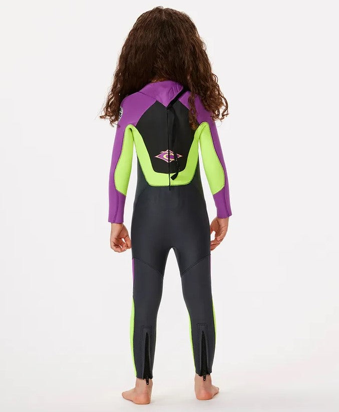 Rip Curl Groms Omega 3/2mm Flat locked toddlers Wetsuit in purple from rear