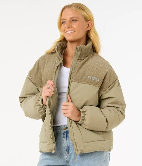 Rip Curl High Tide Mixed Cord Puffer Jacket in sage colourway