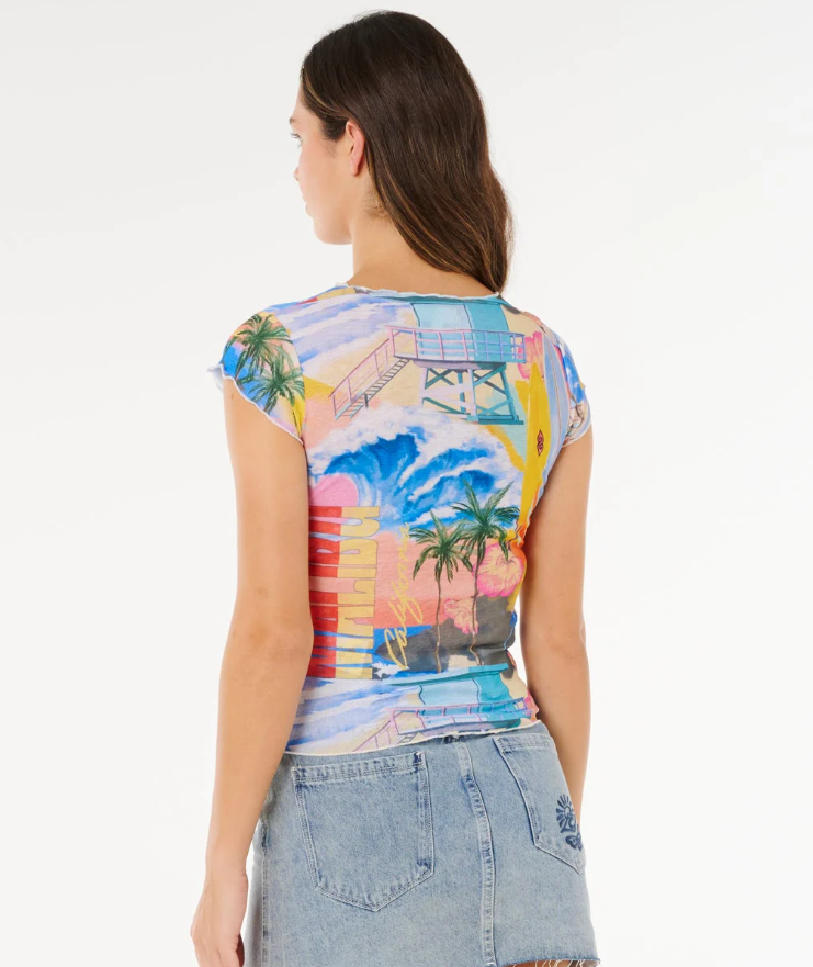 Rip Curl Hotel Malibu Sheer Top in multi colour on model from rear