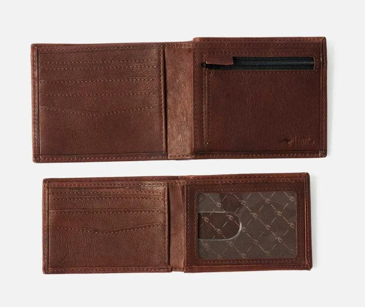 Rip Curl K-Roo RFID 2 In 1 Leather Wallet in brown from inside showing both parts of the wallet