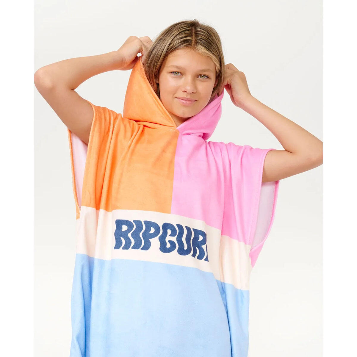 Rip Curl Mixed Hooded Towel Girls in light pink colourway with blue, orange and white