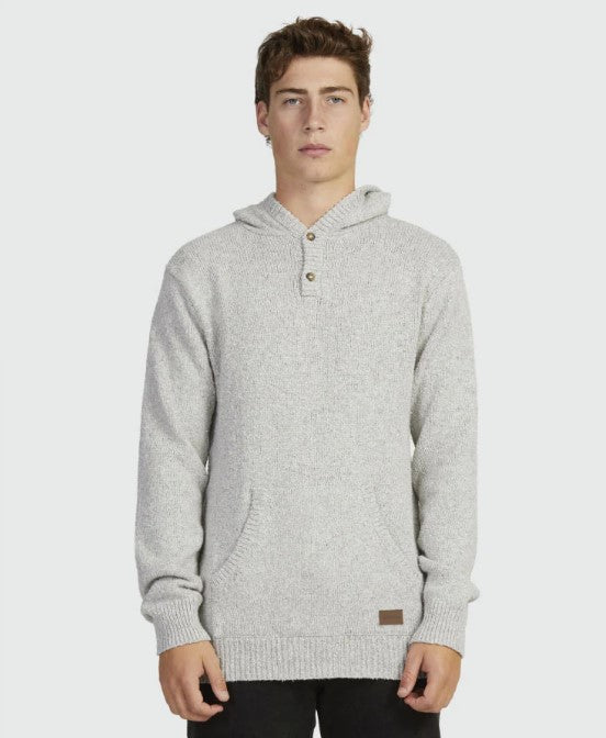 grey knit hoodie with 2 buttons, front pocket & brown leather tag on bottom left
