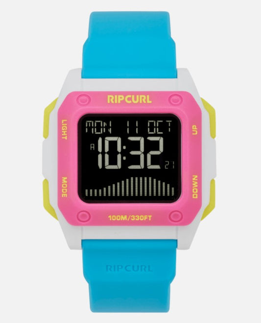Rip Curl Odyssey Midsize Tide watch in neon pink and blue and white