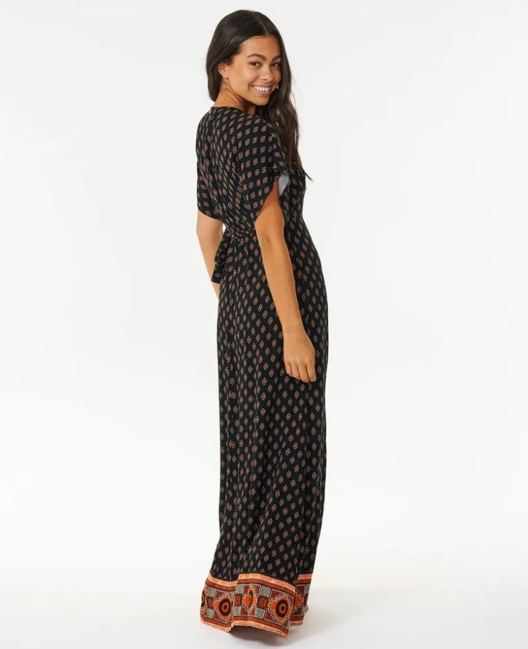 Rip Curl Pacific Dreams Maxi Dress in black from back on dark haired model