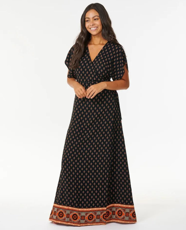 Rip Curl Pacific Dreams Maxi Dress in black on dark haired model