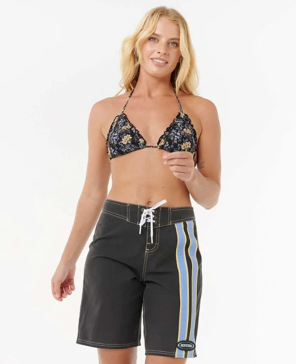 Rip Curl Pacific Rider 10" Womens Boardshorts in black with blue stripes on model from front close up