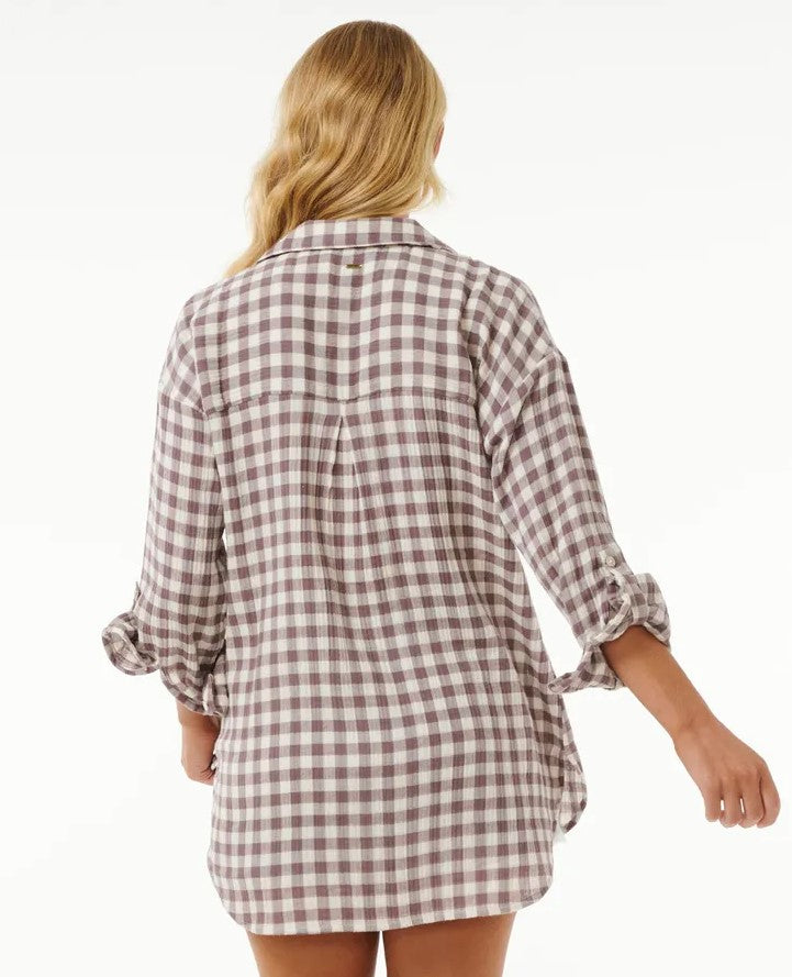 Rip Curl Premium Surf Long Sleeve Shirt in eggplant colour check on model from rear