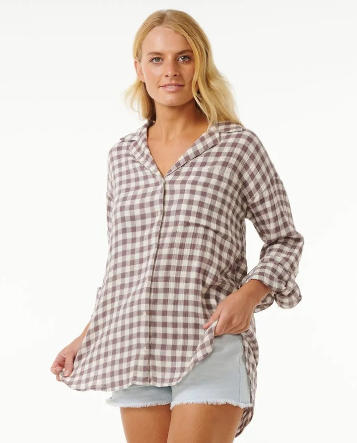 Rip Curl Premium Surf Long Sleeve Shirt in eggplant colour check on model from front