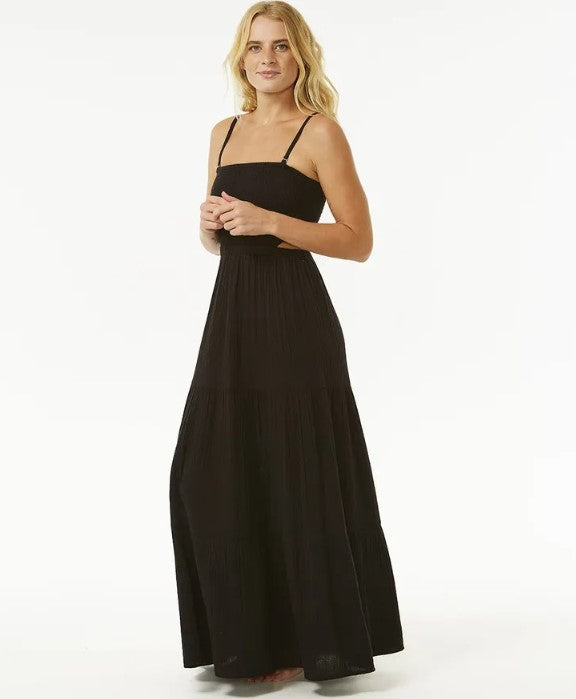Rip Curl Premium Surf Maxi Dress in black from side on blonde model