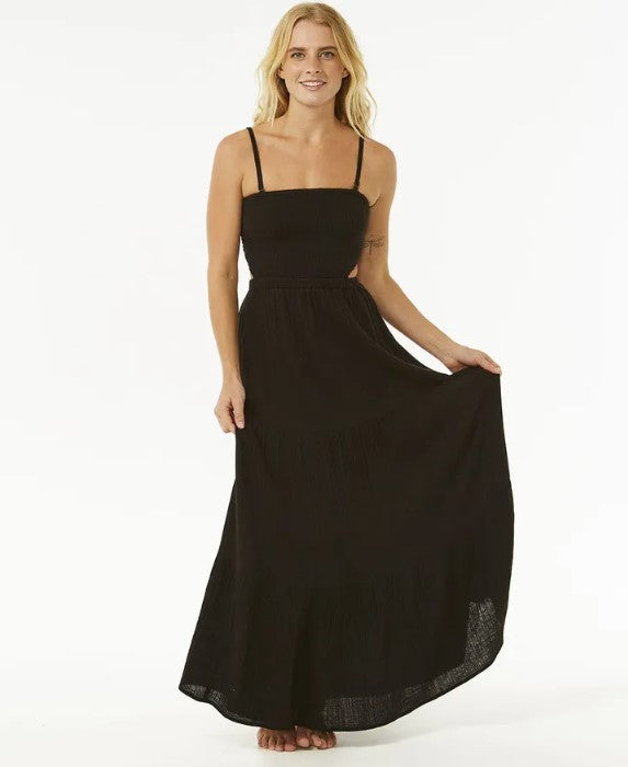 Rip Curl Premium Surf Maxi Dress in black on blonde model from the front