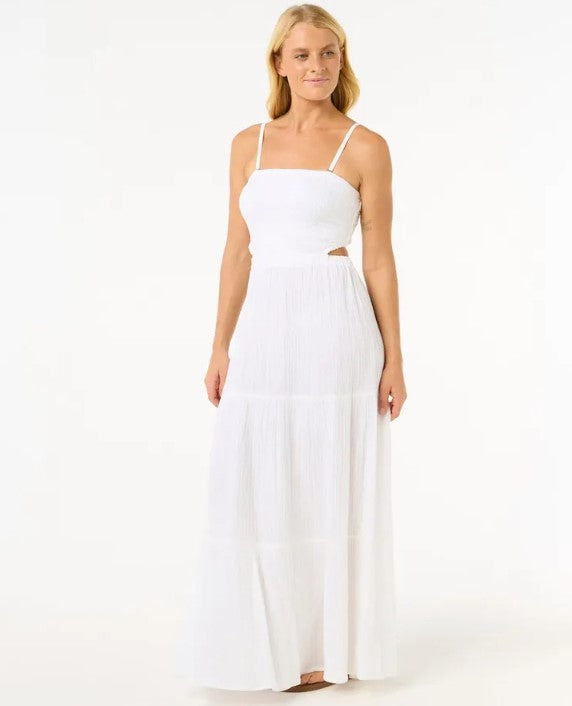 Rip Curl Premium Surf Maxi Dress in white on blonde model from front