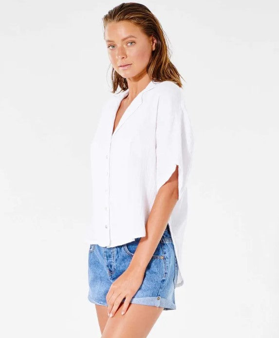 Rip Curl Womens Premium Surf Short Sleeve Shirt in white on model from side