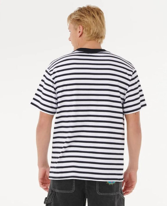 Rip Curl Raw Energy Stripey T-Shirt in black and white straipes on model from rear