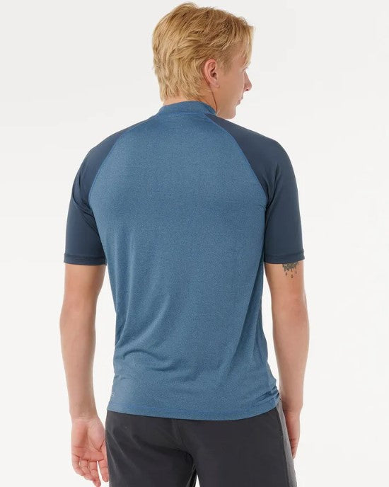 Rip Curl Shock UPF Short Sleeve Rash Top in blue marle with blue sleeves from rear