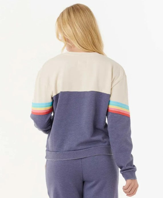 Rip Curl Surf Revival Crew in blue and natural with multi coloured stripes from rear
