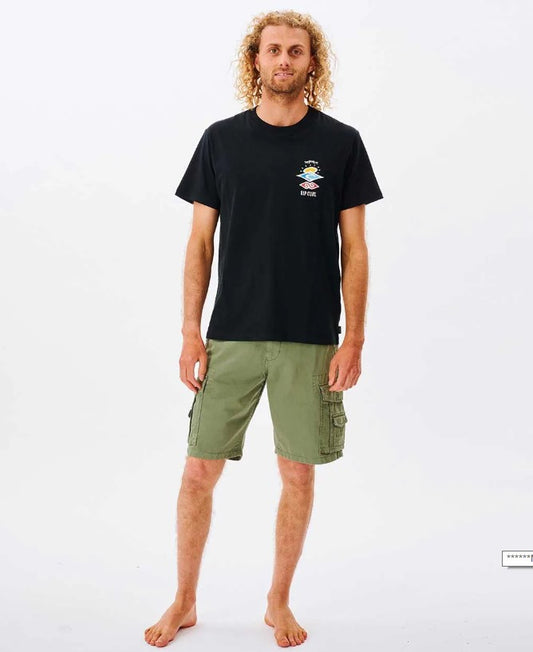 MOdel wearing the Rip Curl Trail Cargo Walkshorts in mid green from front
