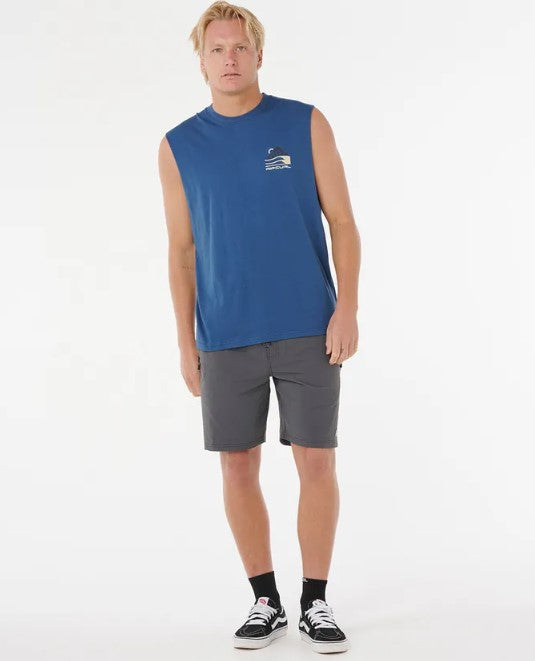 Rip Curl Vaporcool Search Range Muscle Top in light navy on model from front