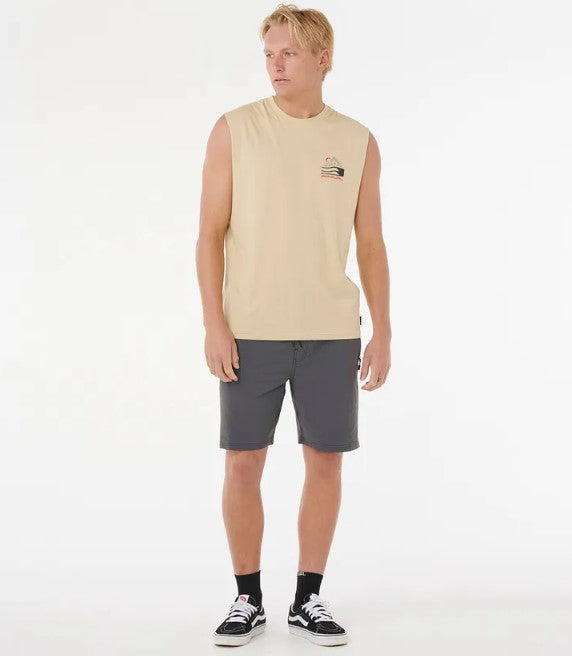 Rip Curl Vaporcool Search Range Muscle Top in khaki on model from front