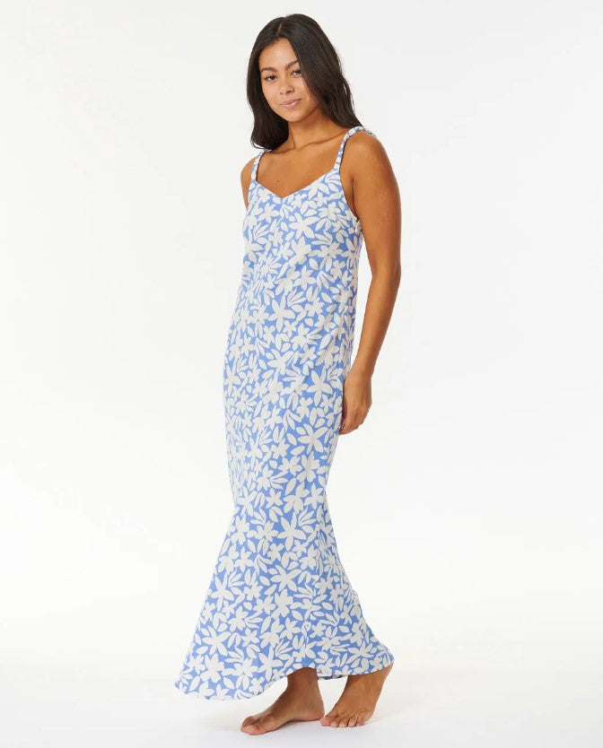 Rip Curl Holiday Tropics Midi Women's Dress in mid blue from the side
