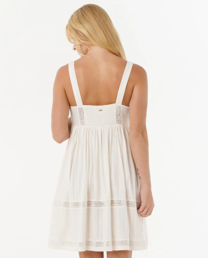 Rip Curl Pacific Free Women's Cover Up in bone colourway on blonde model from rear