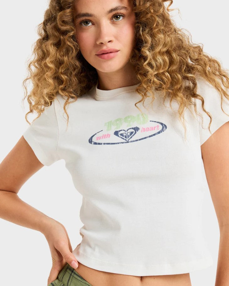 Roxy Beach Love Women's T-Shirt in egret white colourway on model from front