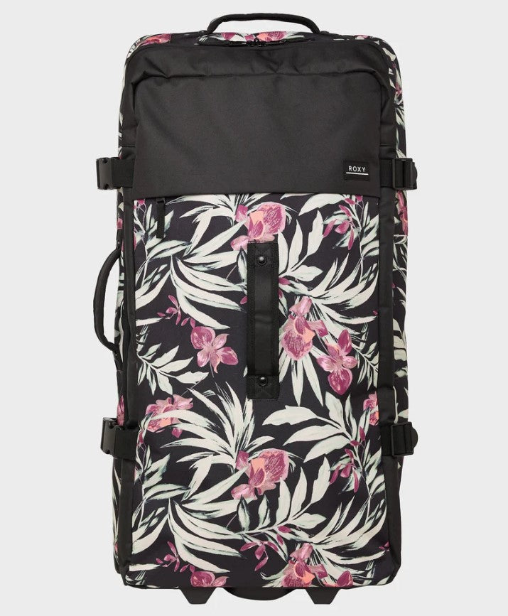Roxy Big Souvenir 85 Litre Roller Travel Bag Suitcase in antharcite wind swept floral colourway from front