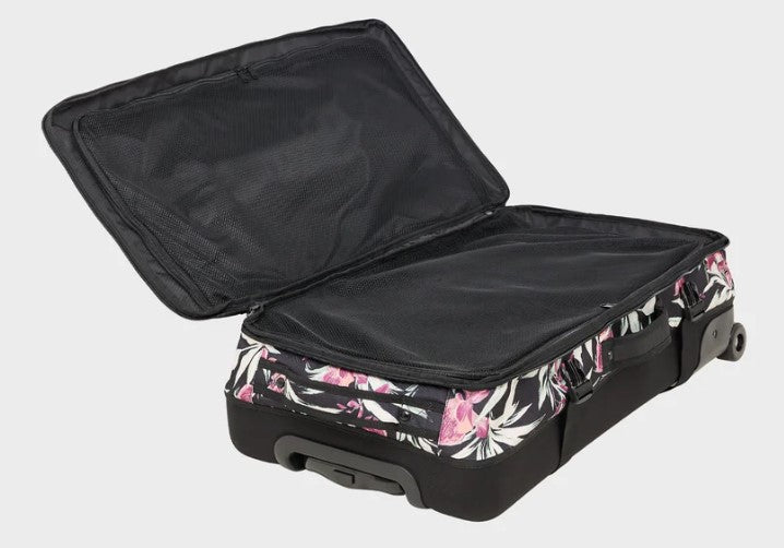 Roxy Big Souvenir 85 Litre Roller Travel Bag Suitcase in antharcite wind swept floral colourway from top view with bag opened