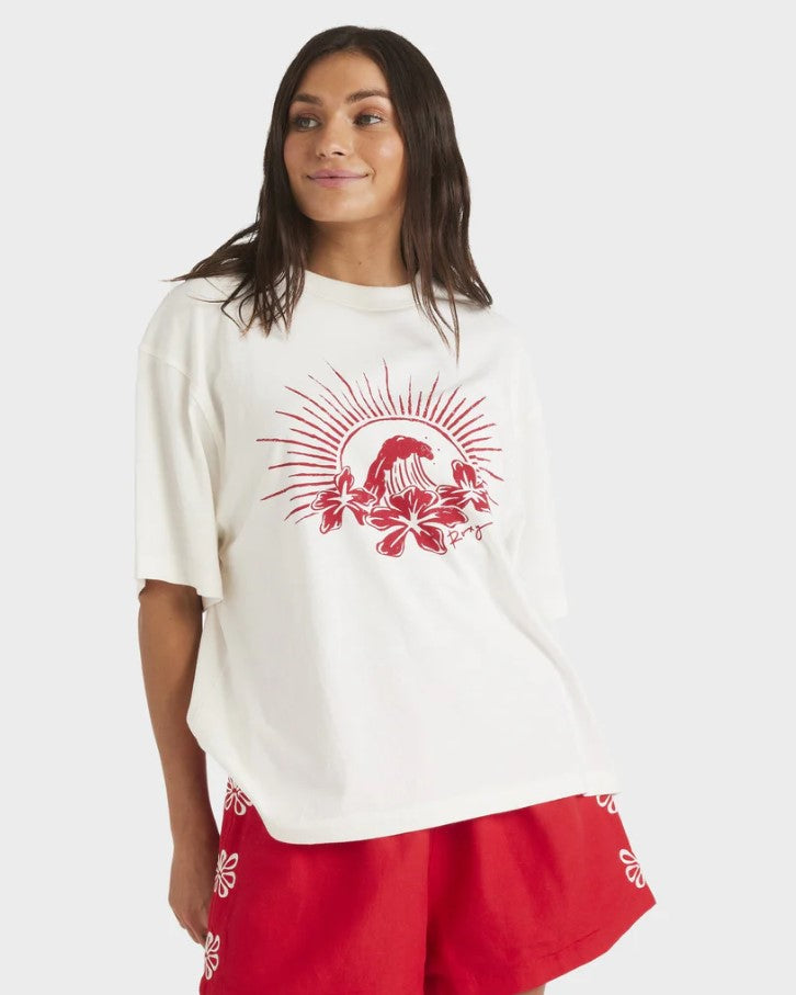 Roxy Chaser Tee in egret white on model with white background