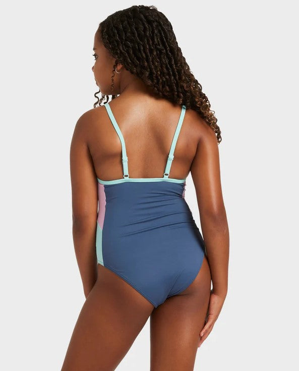 Roxy Colorblock One Piece Girls Swimwear in vintage indigo with multi coloured detail on model from back