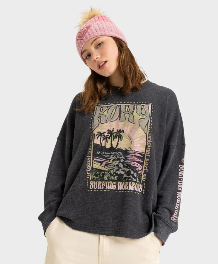 Roxy Eastside Midweight Womans Crew in phantom colourway on model from front