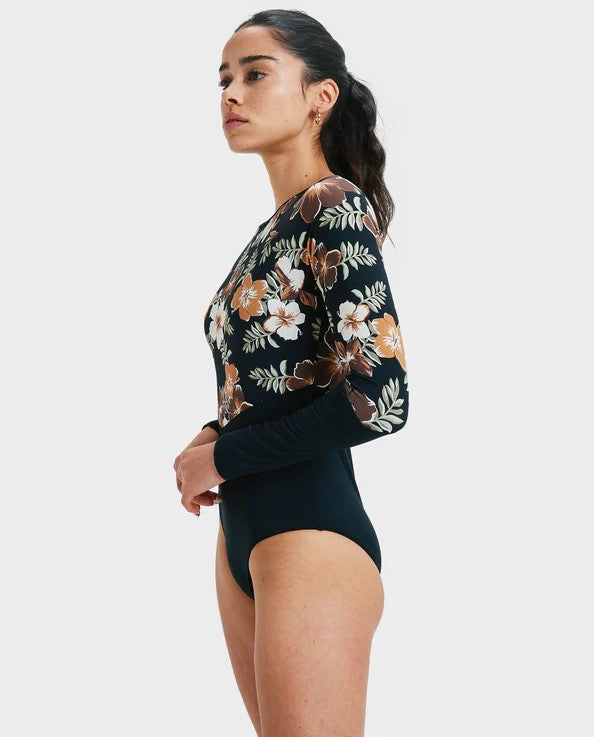 Roxy Fashion Onesie Surfsuit in black with floral detail from side